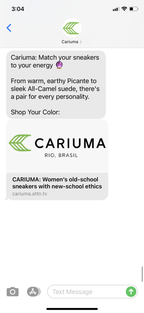 Cariuma Text Message Marketing Example - 02.11.2021