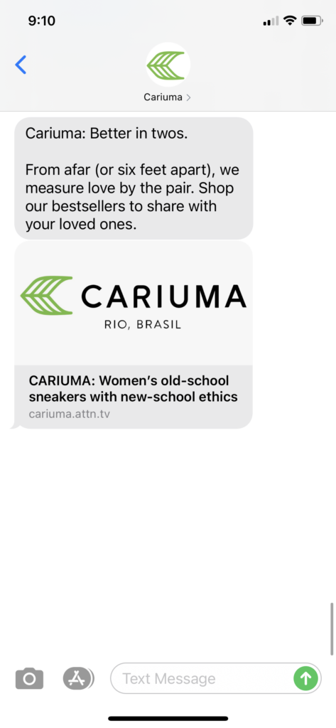 Cariuma Text Message Marketing Example - 02.14.2021