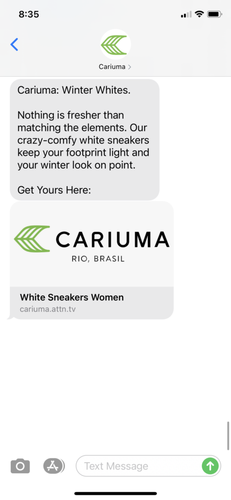 Cariuma Text Message Marketing Example - 02.15.2021