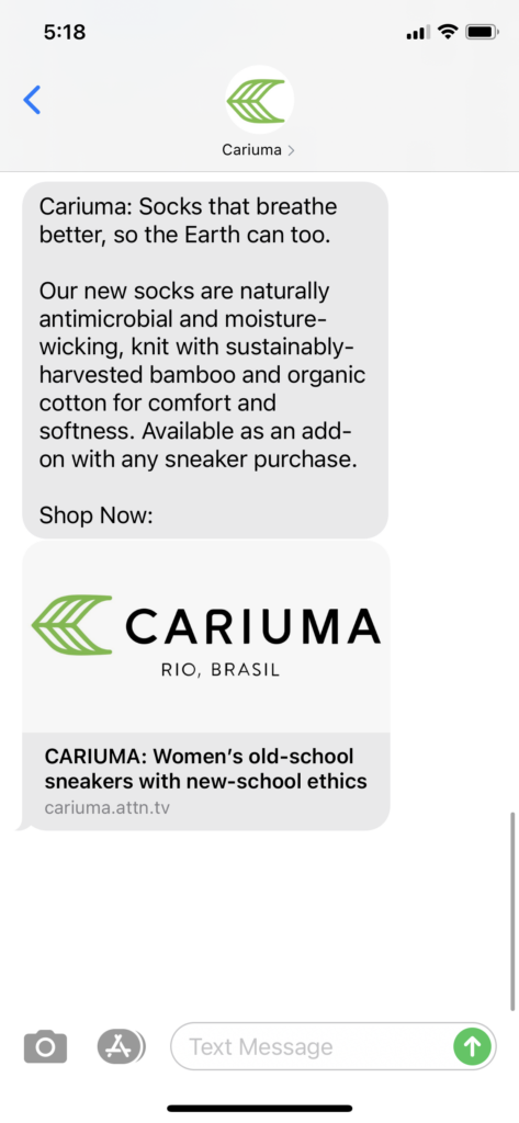 Cariuma Text Message Marketing Example - 02.18.2021