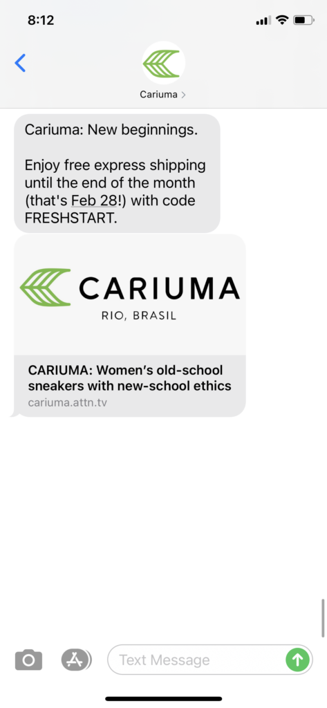 Cariuma Text Message Marketing Example - 02.22.2021