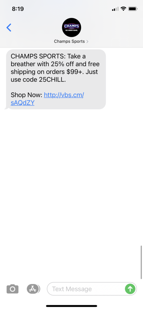 Champs Sports Text Message Marketing Example - 01.29.2021