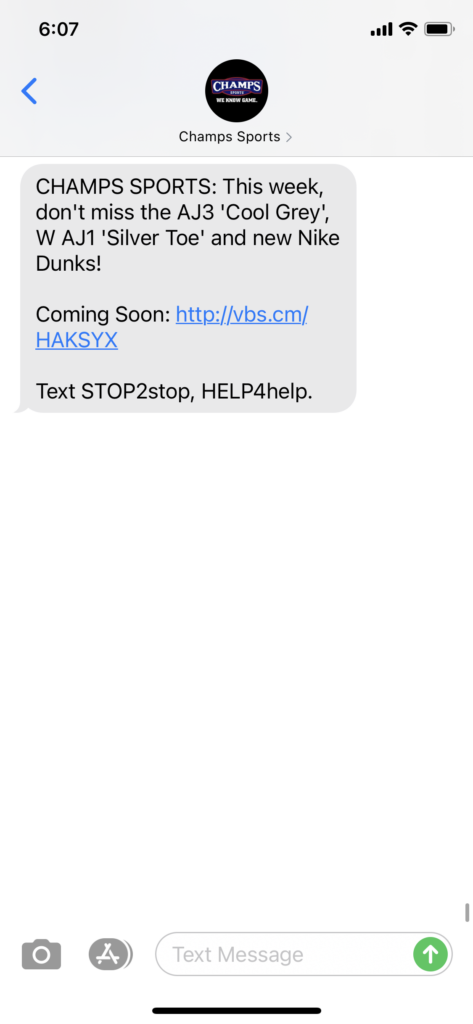 Champs Sports Text Message Marketing Example - 02.17.2021