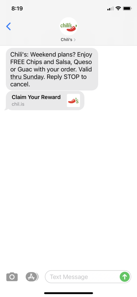 Chili's Text Message Marketing Example - 01.29.2021
