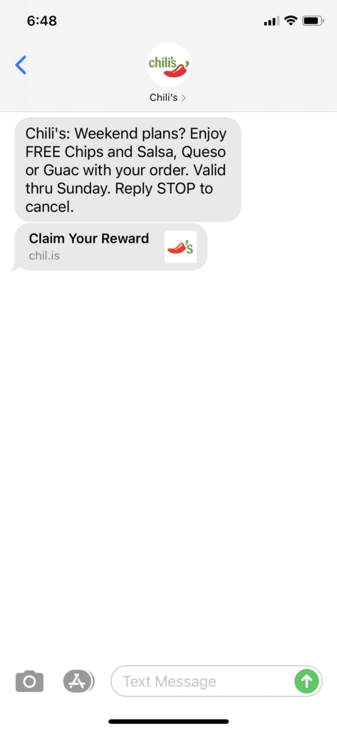 Chili's Text Message Marketing Example - 02.12.2021