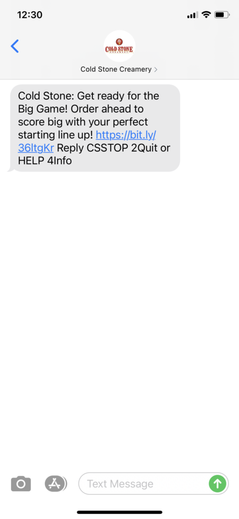 Cold Stone Creamery Text Message Marketing Example - 02.02.2021