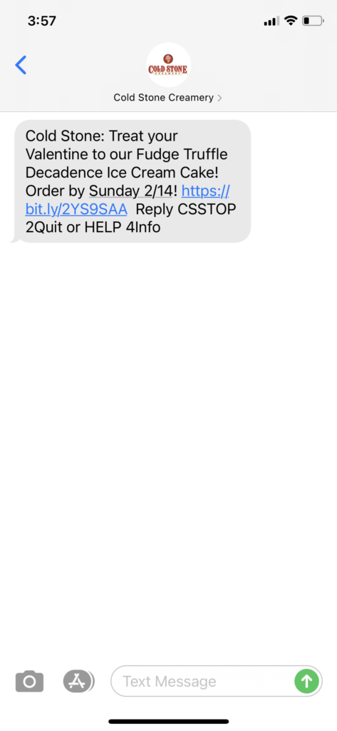 Cold Stone Creamery Text Message Marketing Example - 02.09.2021