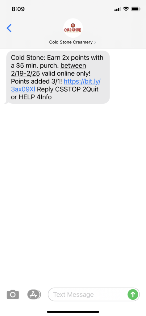 Cold Stone Creamery Text Message Marketing Example - 02.19.2021