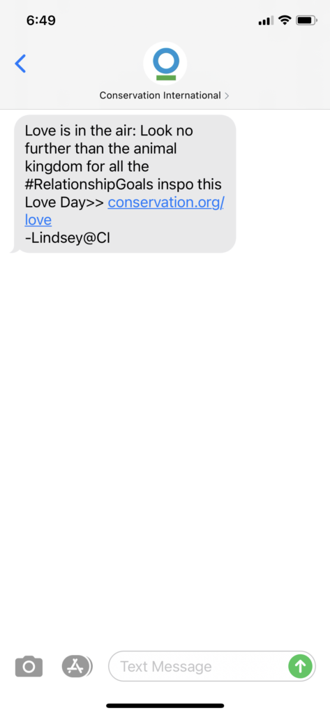 Conservation Internation Text Message Marketing Example - 02.12.2021