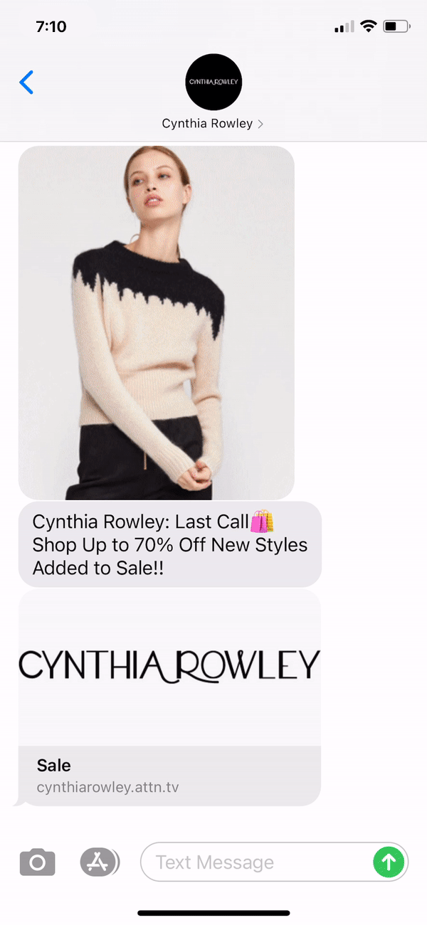 Cynthia Rowley Text Message Marketing Example - 01.02.2021