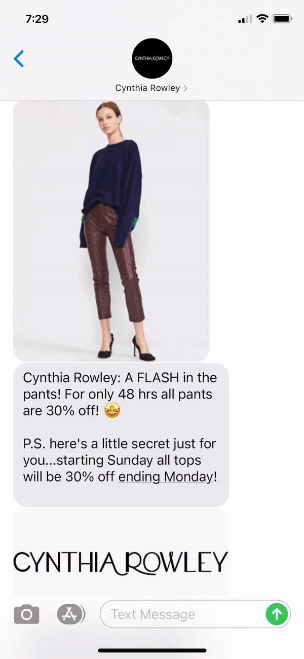 Cynthia Rowley Text Message Marketing Example - 01.30.2021