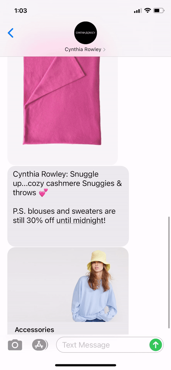 Cynthia Rowley Text Message Marketing Example - 02.01.2021