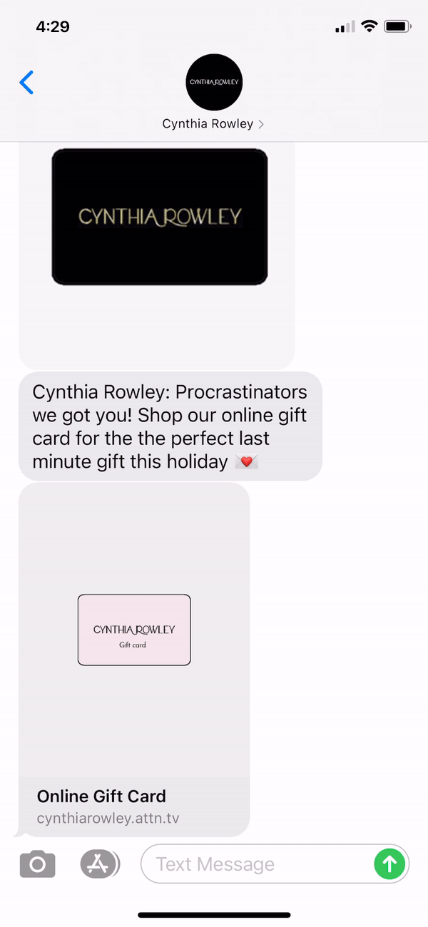 Cynthia Rowley Text Message Marketing Example 12.24.2020