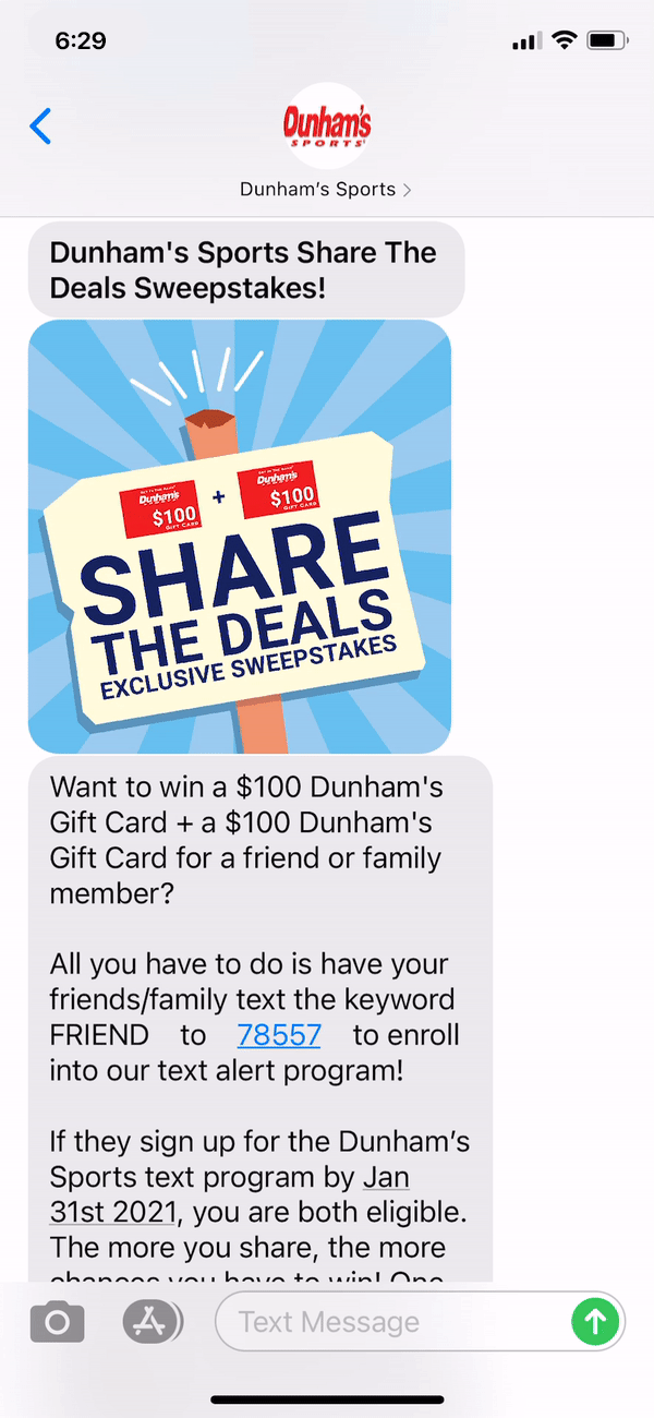 Dunham's Sports Text Message Marketing Example - 01.20.2021