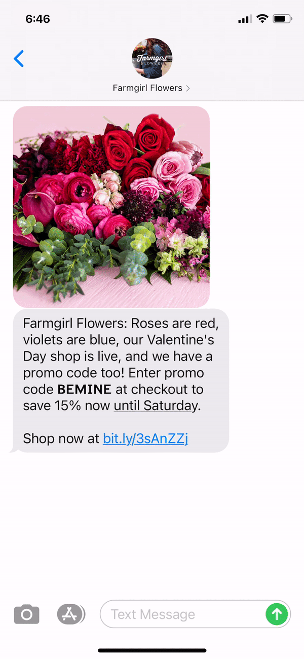 Farmgirl Flowers Text Message Marketing Example - 01.19.2021