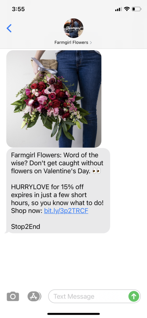 Farmgirl Flowers Text Message Marketing Example - 02.09.2021