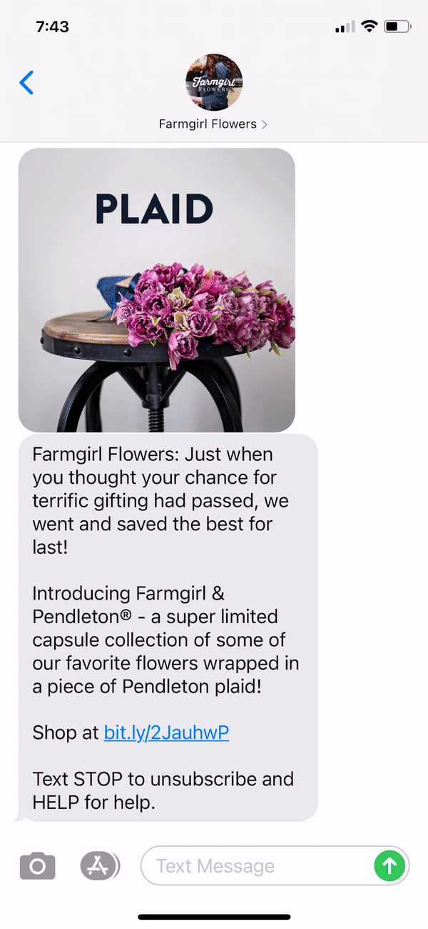 Farmgirl Flowers Text Message Marketing Example - 12.21.2020