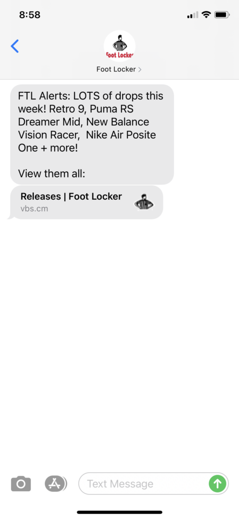Foot Locker Text Message Marketing Example - 01.27.2021