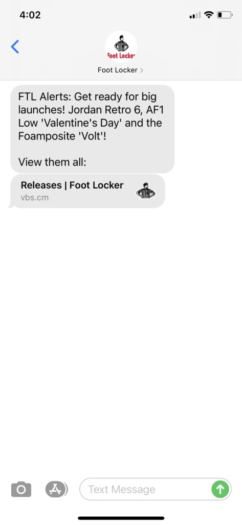Foot Locker Text Message Marketing Example - 02.08.2021