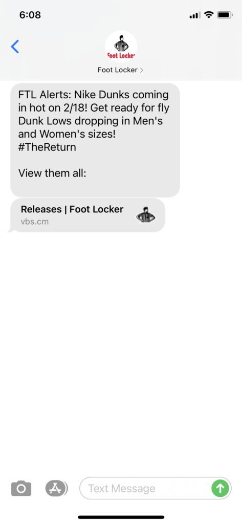Foot Locker Text Message Marketing Example - 02.17.2021