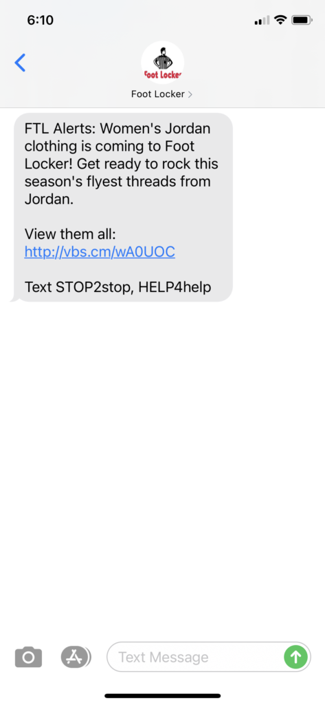 Foot Locker Text Message Marketing Example - 02.21.2021