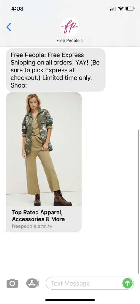 Free People Text Message Marketing Example - 02.08.2021