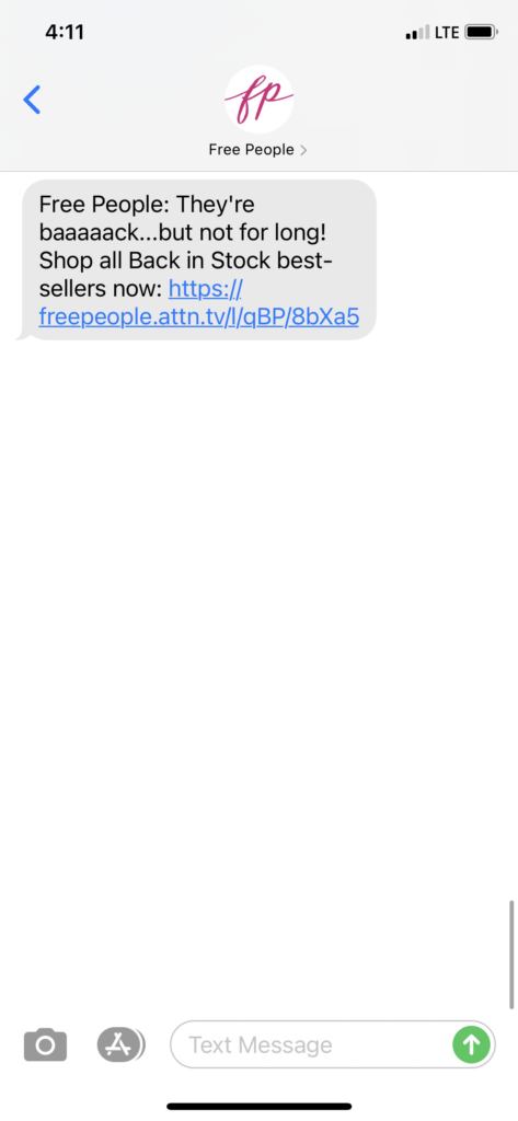 Free People Text Message Marketing Example - 02.23.2021