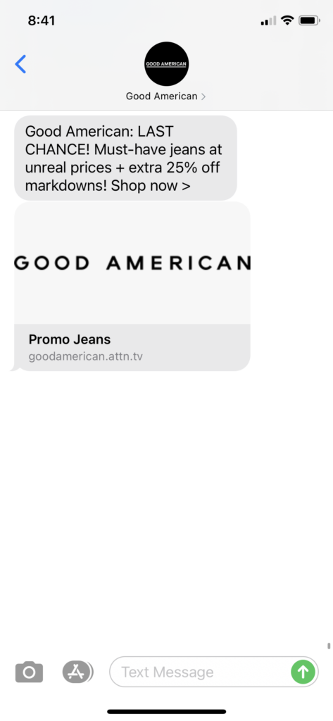 Good American Text Message Marketing Example - 02.15.2021