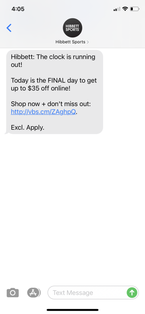 Hibbett Text Message Marketing Example - 02.08.2021