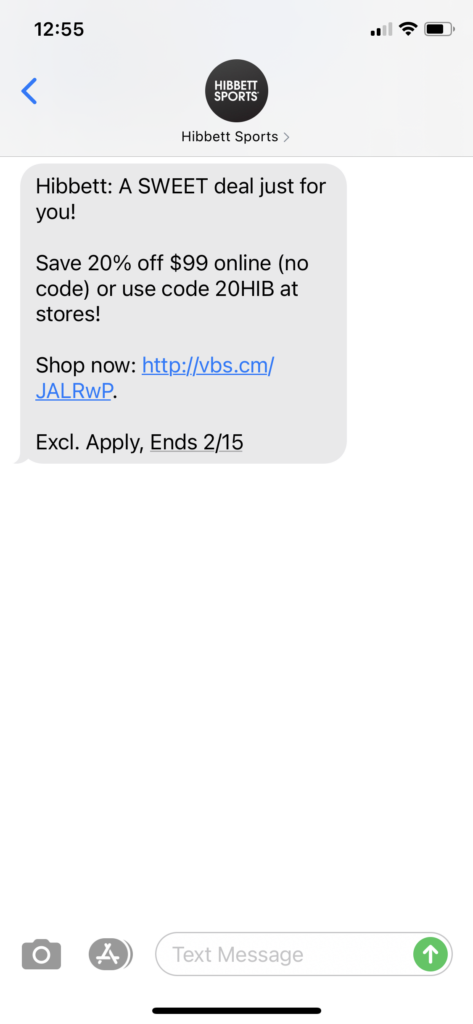 Hibbett Text Message Marketing Example - 02.13.2021
