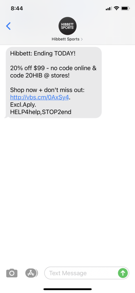 Hibbett Text Message Marketing Example - 02.15.2021