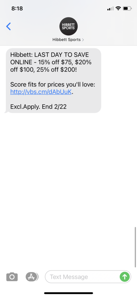Hibbett Text Message Marketing Example - 02.22.2021