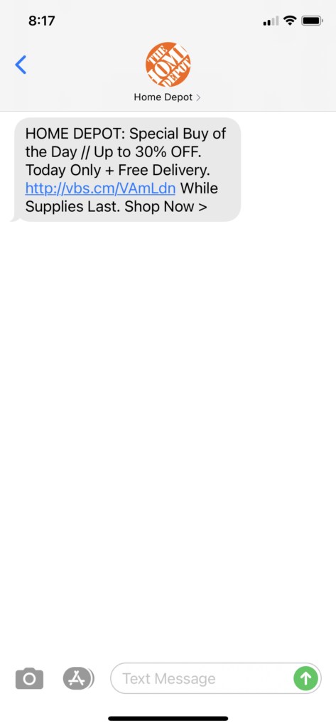 Home Depot Text Message Marketing Example - 01.29.2021