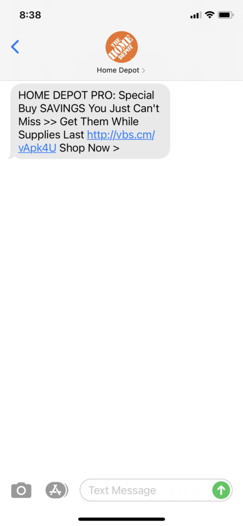 Home Depot Text Message Marketing Example - 02.15.2021
