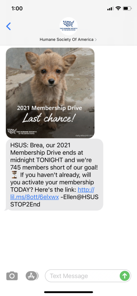 Humane Society of America Text Message Marketing Example - 02.01.2021
