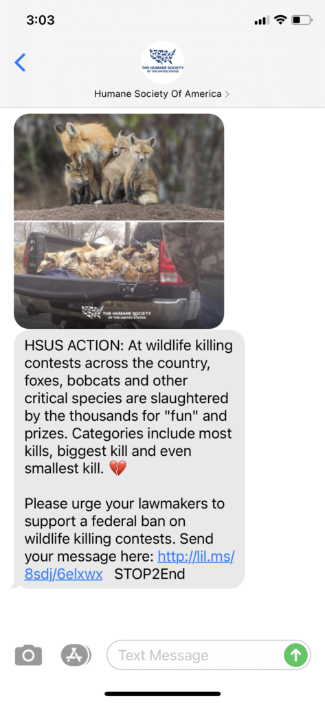 Humane Society of America Text Message Marketing Example - 02.11.2021
