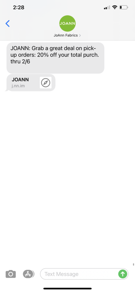 JoAnn Fabics Text Message Marketing Example - 02.04.2021