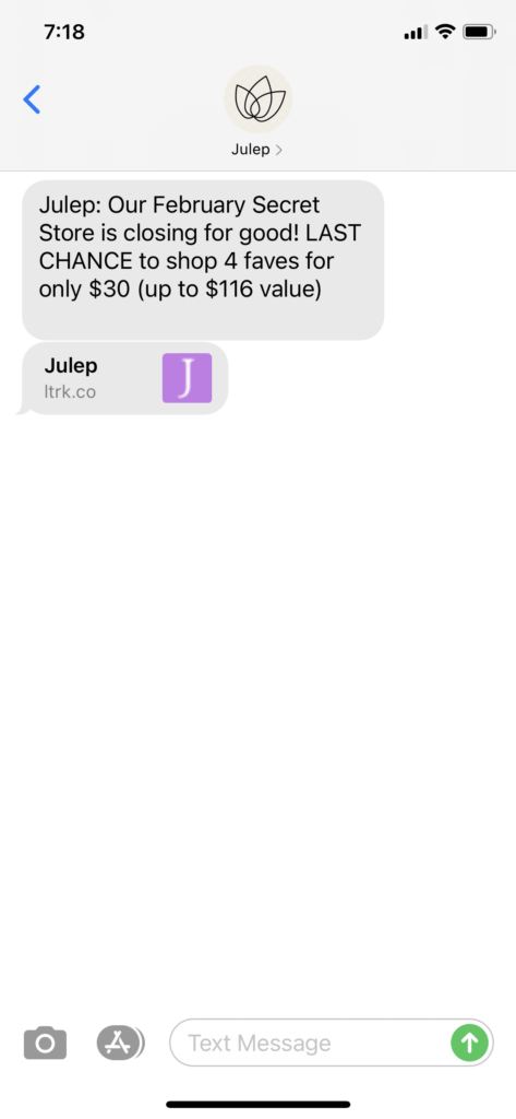 Julep Text Message Marketing Example - 02.20.2021