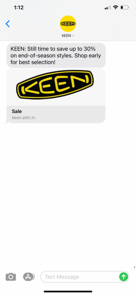 Keen Text Message Marketing Example - 01.22.2021