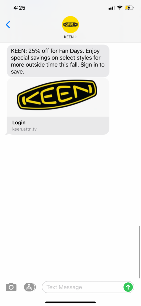 Keen Text Message Marketing Example - 10.13.2020
