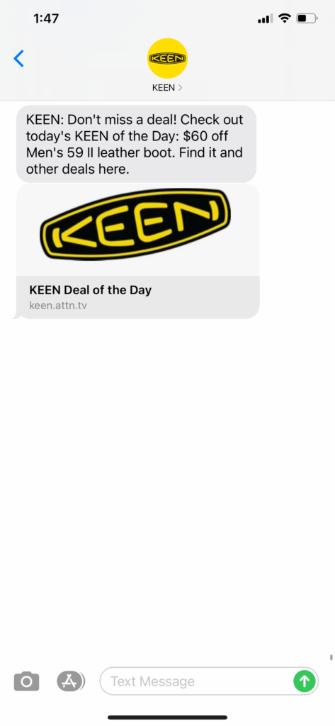 Keen Text Message Marketing Example - 12.14.2020