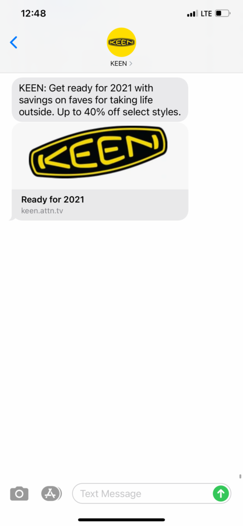 Keen Text Message Marketing Example - 12.28.2020