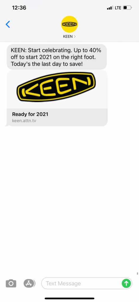Keen Text Message Marketing Example - 12.31.2020