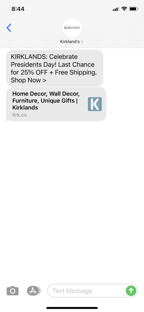 Kirklands Text Message Marketing Example - 02.15.2021