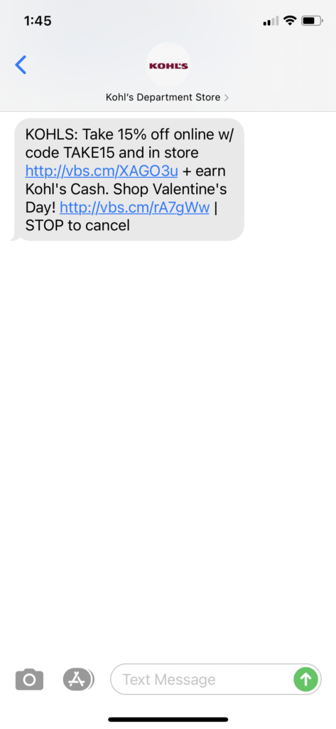 Kohl's Text Message Marketing Example - 02.06.2021