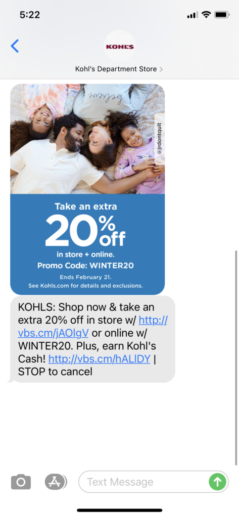 Kohl's Text Message Marketing Example - 02.18.2021