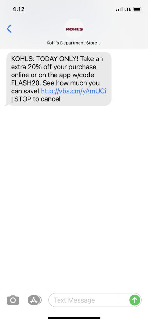 Kohl's Text Message Marketing Example - 02.23.2021