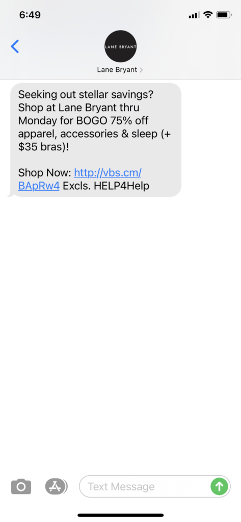Lane Bryant Text Message Marketing Example - 02.12.2021