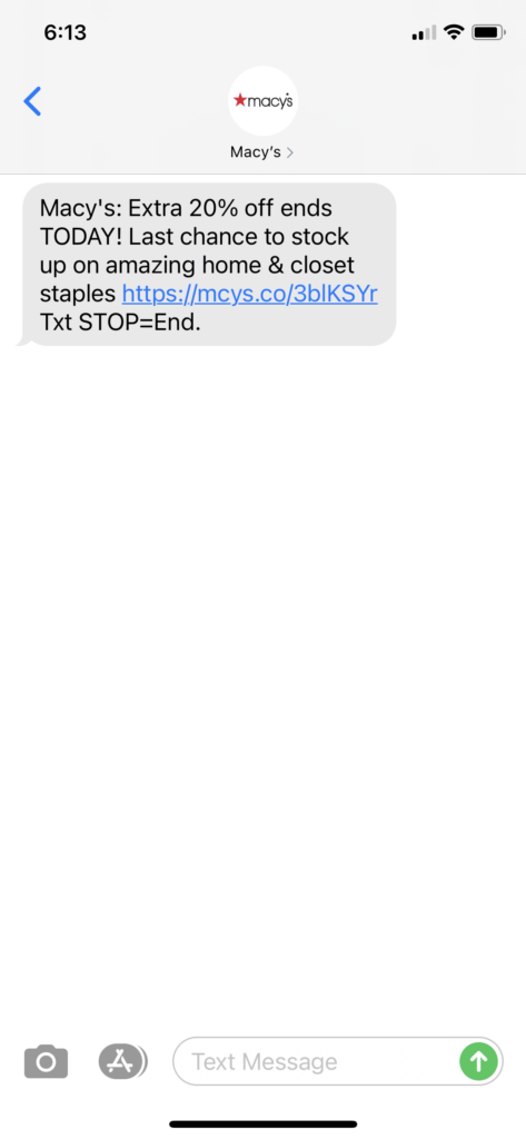 Macy's Text Message Marketing Example - 02.21.2021
