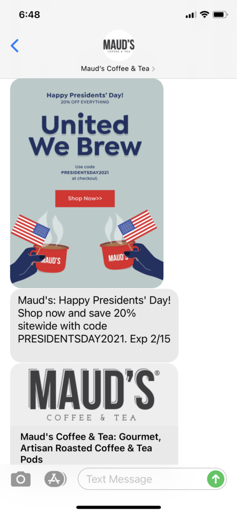 Maud's Coffee & Tea Text Message Marketing Example - 02.12.2021